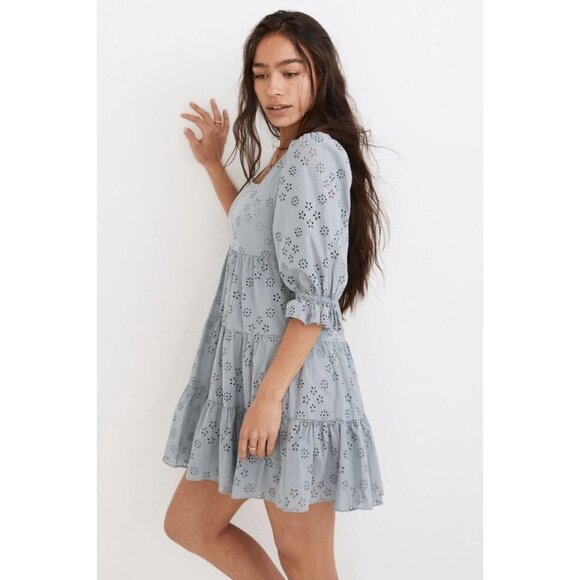 Madewell Blue Eyelet Lizzie Babydoll Dress Sz 0 Puff Sleeve NWT Flowy Cottage - Picture 3 of 15